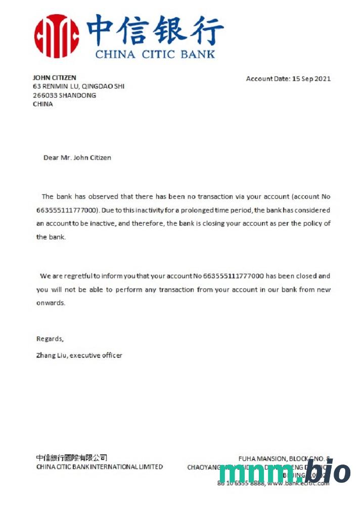 Przykład odniesienia do zamknięcia banku China Citic w formatach Word i PDF